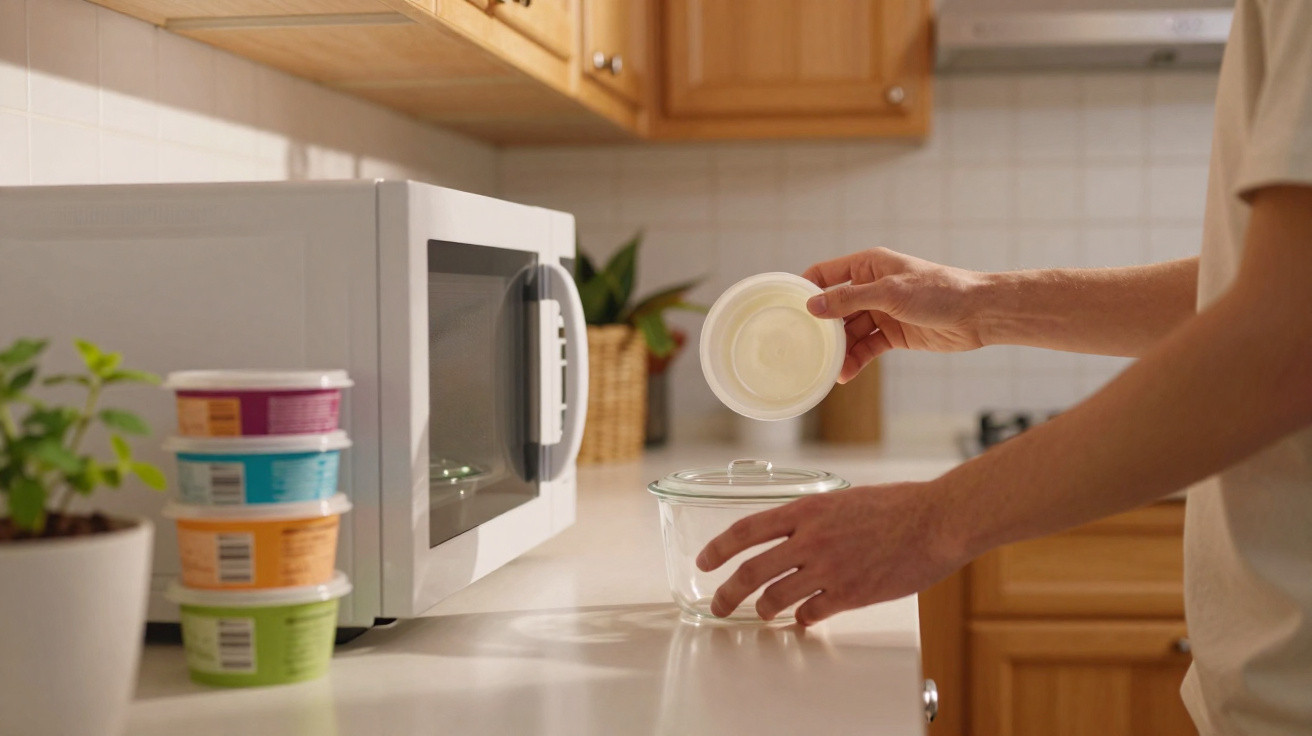 Person placing a plastic container lid onto a glass bowl next to a microwave on a kitchen counter.