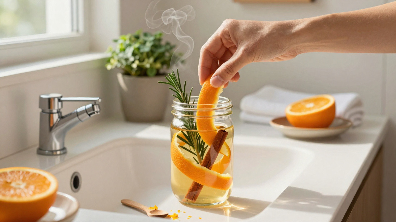 Hand placing orange peel into a steaming jar with rosemary and cinnamon on a kitchen sink countertop.