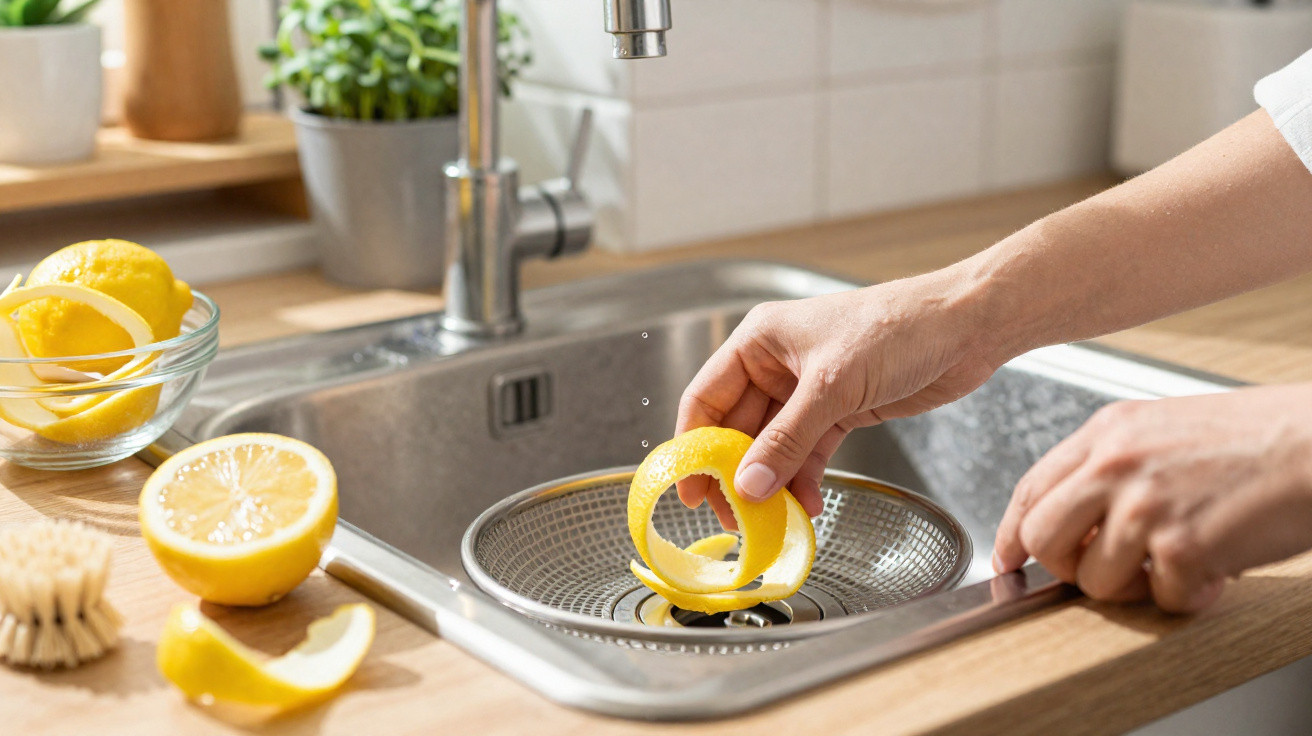 Hand placing lemon peel into kitchen sink strainer with halved lemon and bowl of lemons nearby.