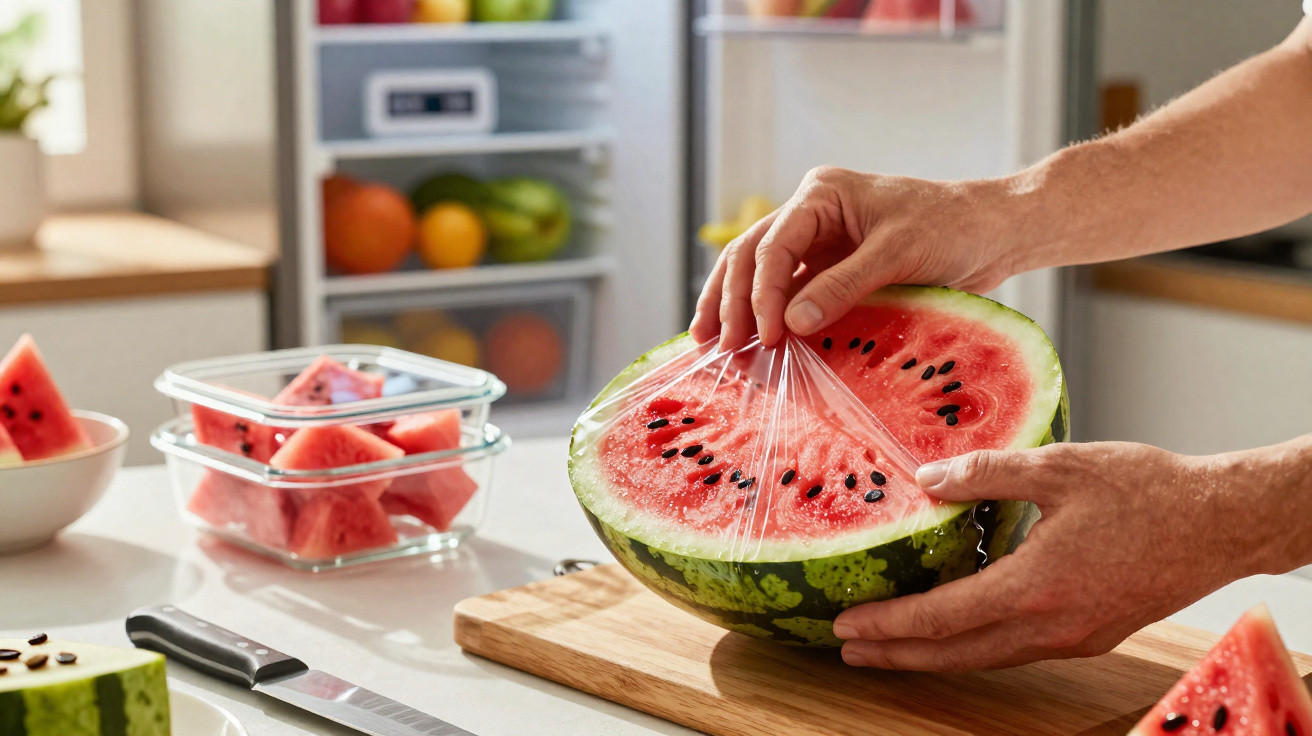 Hands covering a halved watermelon with plastic wrap on a kitchen counter near cut pieces and a knife.