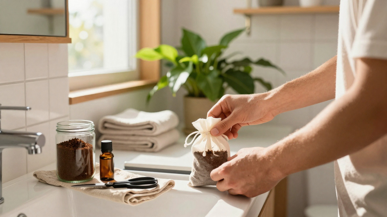 Person making a homemade coffee scrub pouch by a bright bathroom sink with natural light and plants nearby