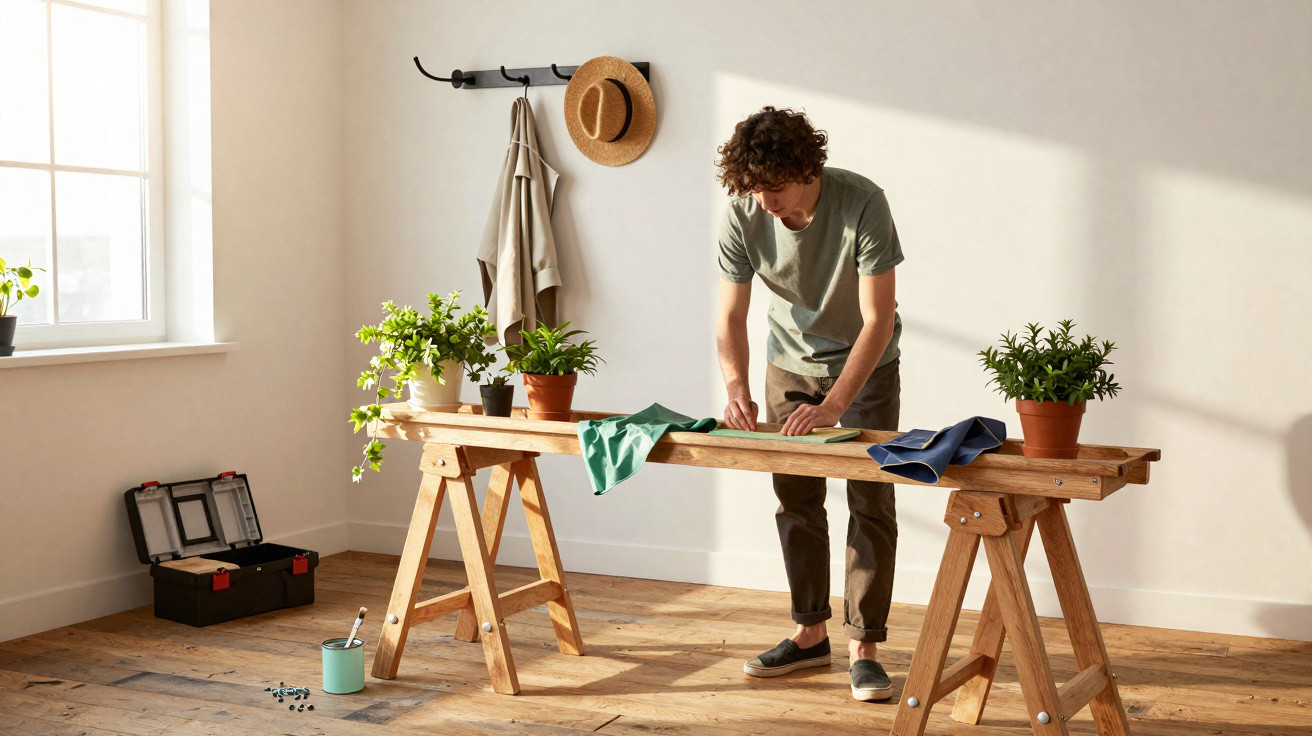 Young man working on a wooden table with plants, tools, and cloths in a sunlit room with wooden floor.