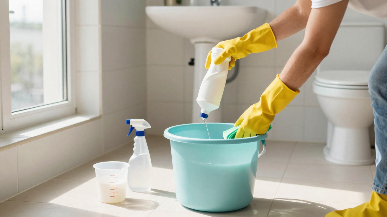 Person wearing yellow gloves pouring cleaning liquid into a blue bucket in a bathroom.