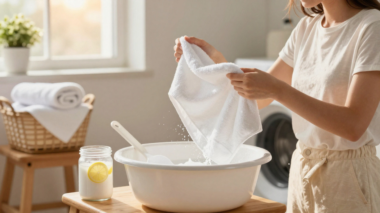 Person washing a white towel by hand in a basin with detergent in a bright laundry room.