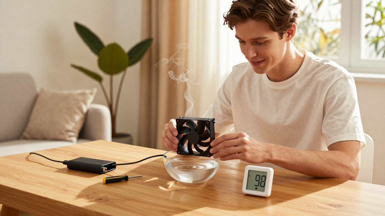 Young man testing a computer fan cooling hot water in a glass bowl at a wooden table with a thermometer.