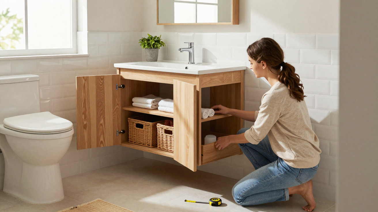 Woman organising toiletries in wooden bathroom cabinet under white sink next to toilet in bright bathroom.