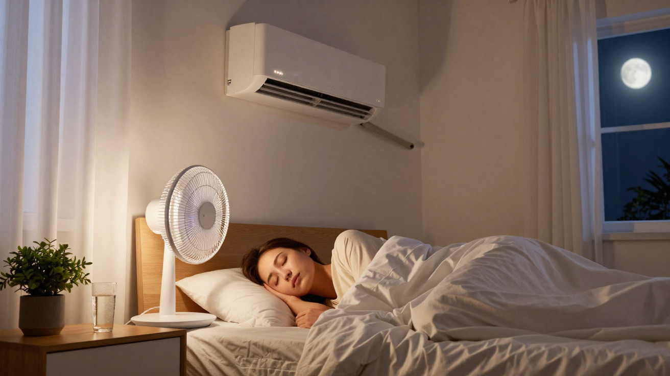 Woman sleeping in bed at night with a fan on bedside table and air conditioner mounted on wall above.