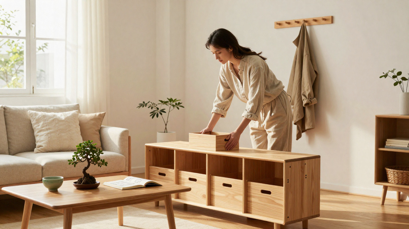 Woman organising wooden storage boxes in a bright, minimalist living room with natural wooden furniture and plants.