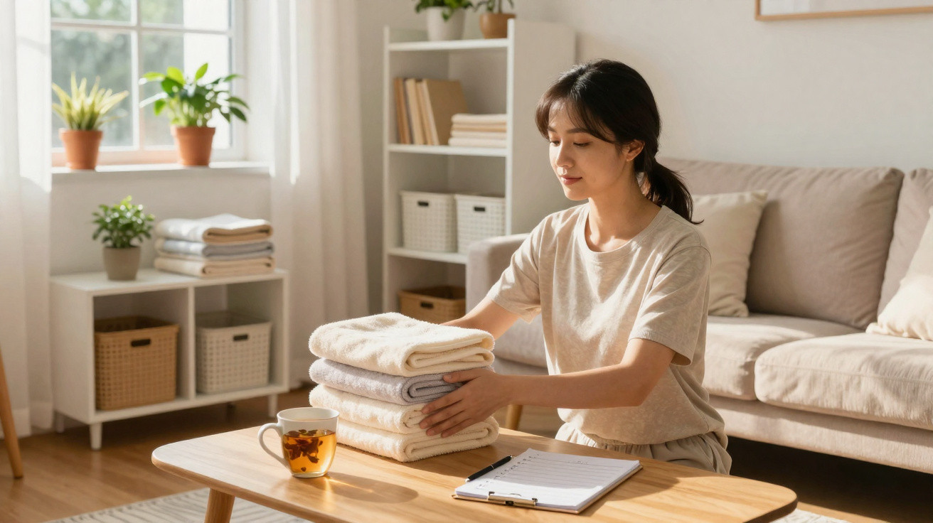 Woman folding towels at a wooden table with a cup of tea and clipboard in a bright living room.