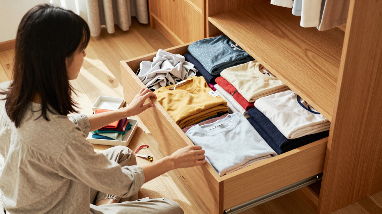 Woman organising neatly folded clothes in a wooden drawer in a bright room.