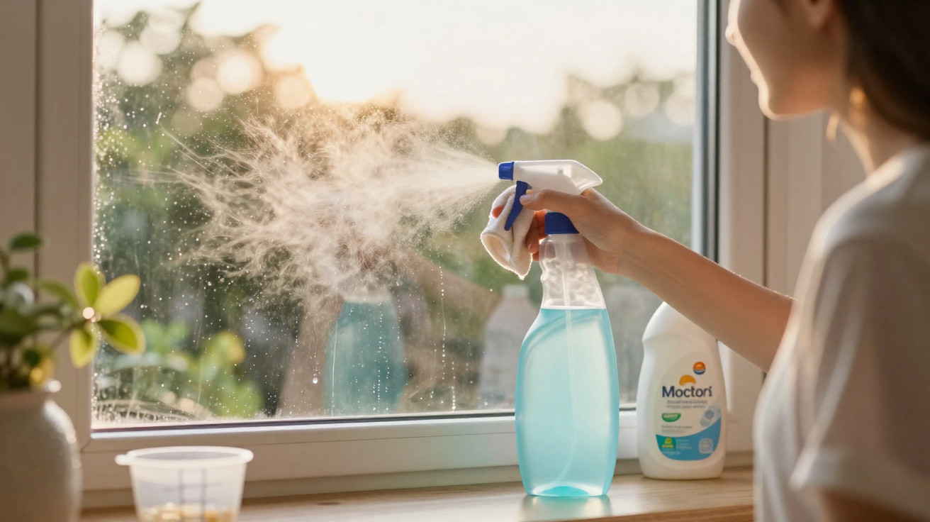 Person spraying blue window cleaner onto a glass window with cleaning products on the sill.