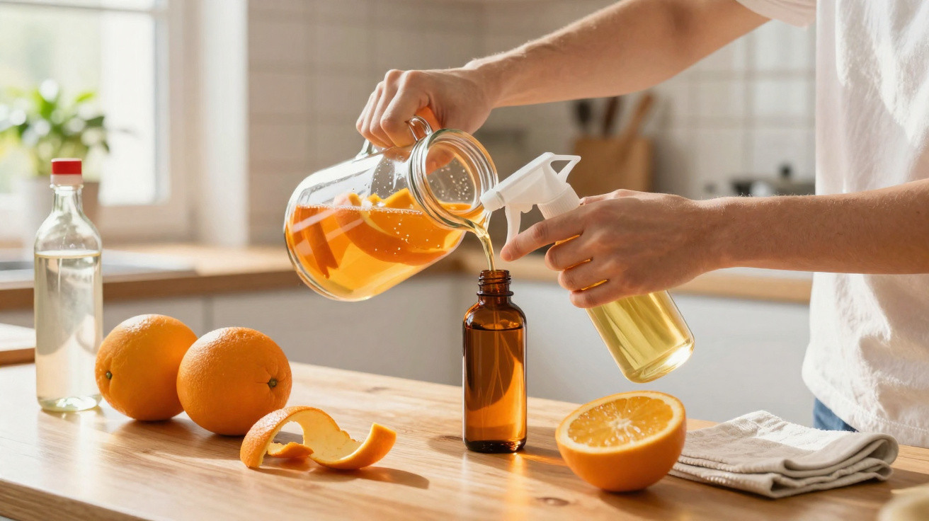 Person pouring liquid from a jug into a brown bottle, holding a spray bottle, with oranges and peel on a kitchen counter.