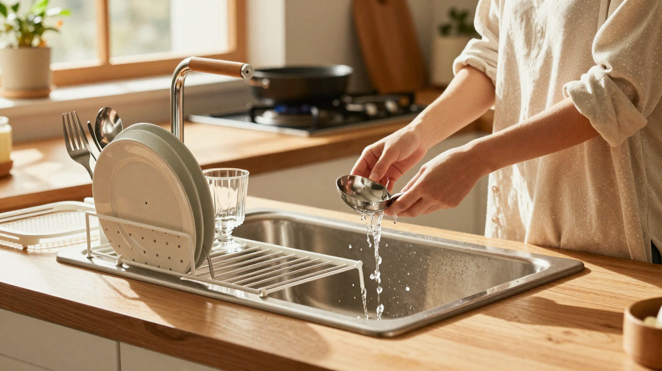 Person washing a metal kitchen utensil over a sink with drying rack holding plates and cutlery nearby.