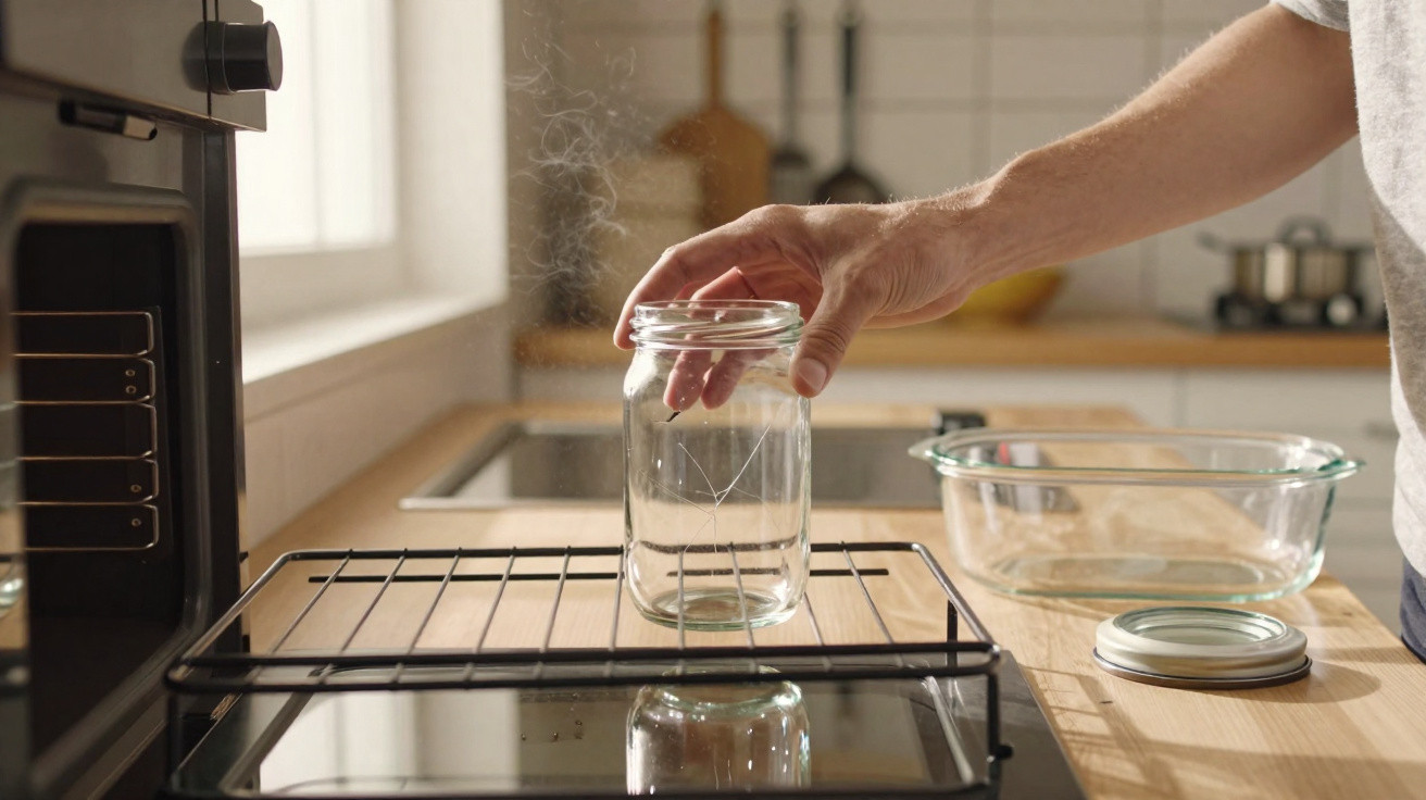 Hand placing a steaming glass jar on a cooling rack in a bright kitchen with utensils in the background.