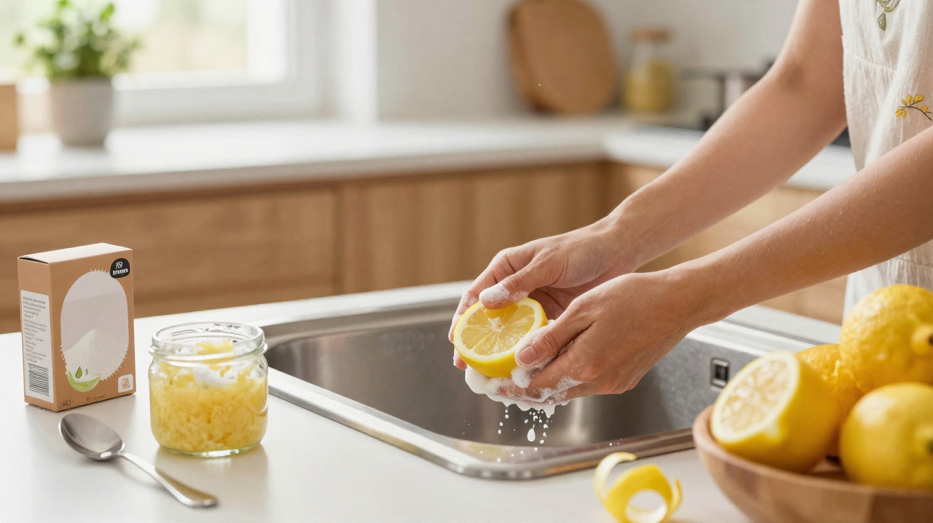 Person cleaning a lemon half over a kitchen sink with a bowl of lemons and jar of minced garlic nearby