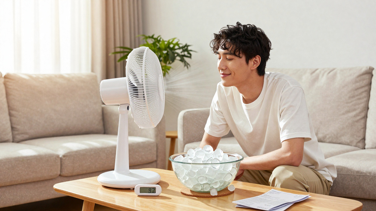 Young man sitting on sofa cooling off with a fan blowing air over a bowl of ice cubes on a wooden table.