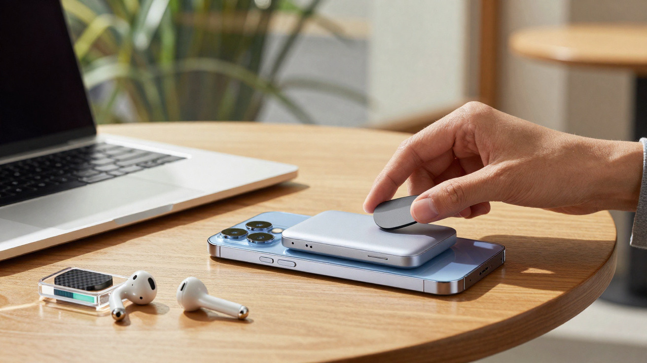 Hand placing a small device on a wireless charger on top of a smartphone on a wooden table beside a laptop and wireless earbu