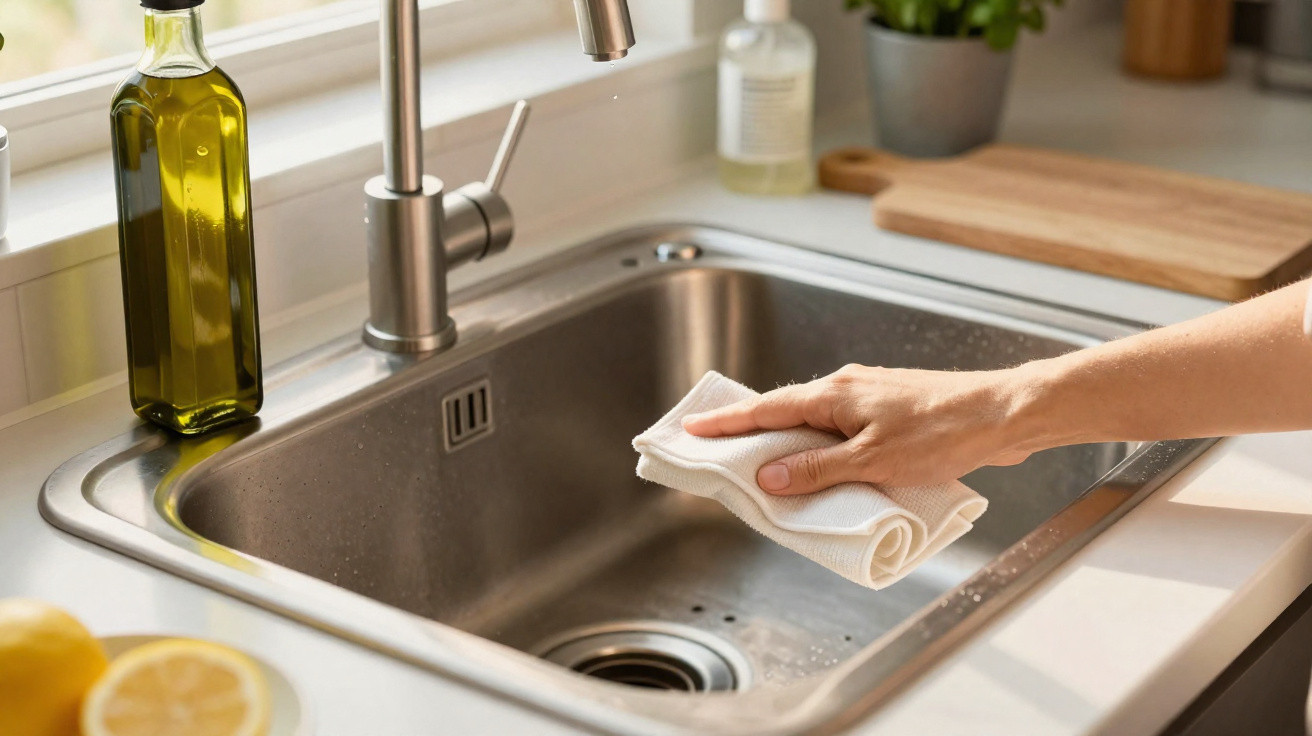 Hand wiping stainless steel kitchen sink with white cloth next to olive oil bottle and lemon on countertop.