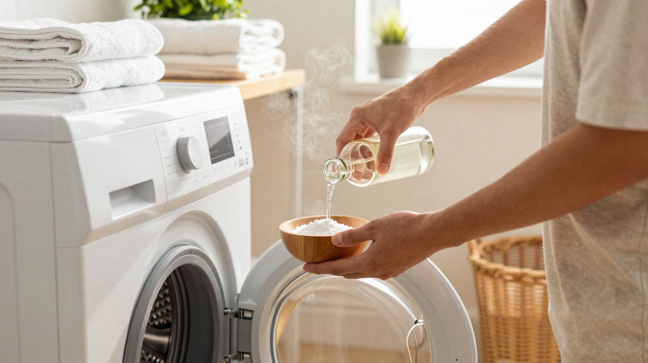Person pouring liquid into a bowl of powder near an open front-loading washing machine in a laundry room.