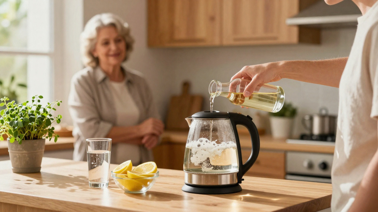 Person pouring liquid into an electric kettle while an elderly woman watches in a sunlit kitchen.