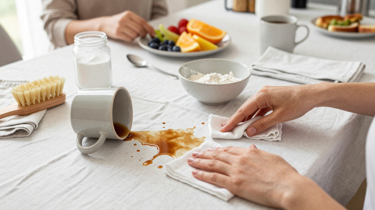Hands cleaning a spilled cup of coffee on a white tablecloth with a person eating fruit in the background.