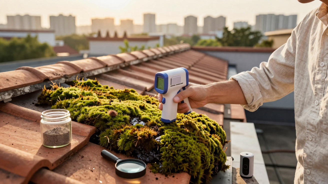 Person using an infrared thermometer to measure temperature of moss on a rooftop garden with city buildings in background.