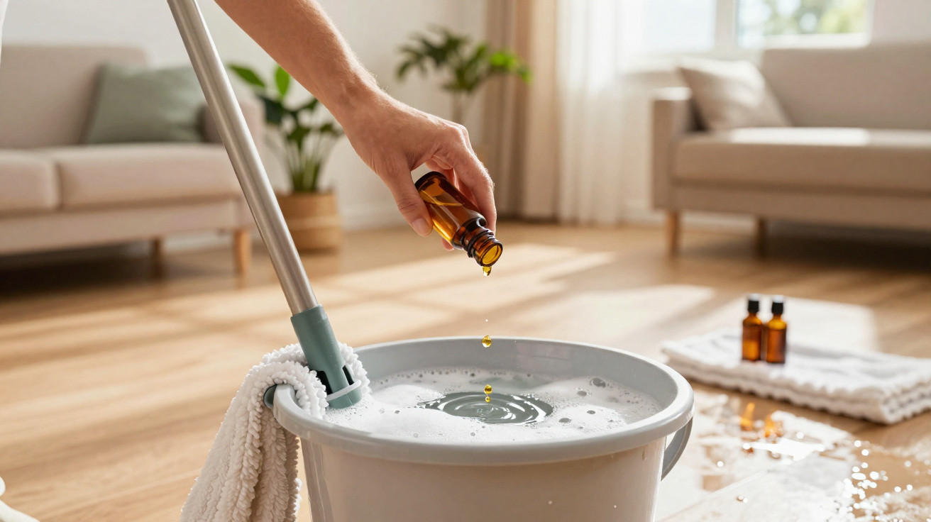 Hand pouring essential oil into soapy water bucket with mop head in bright living room.
