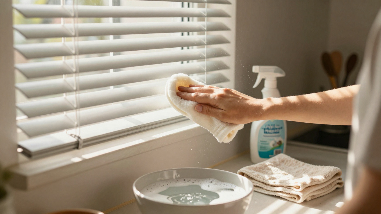 Person cleaning white window blinds with cloth beside a bowl of soapy water and cleaning spray on the windowsill