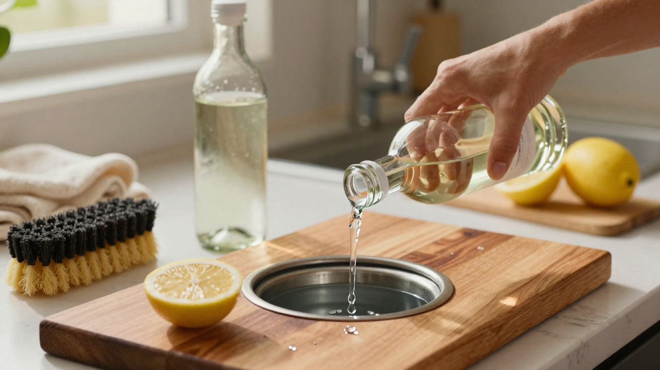 Hand pouring liquid from a glass bottle into a metal container on a wooden chopping board with lemons nearby.