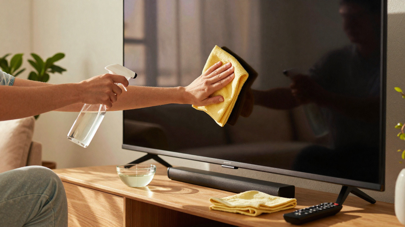Person cleaning a modern flat-screen TV with a yellow cloth and spray bottle on a wooden console table.