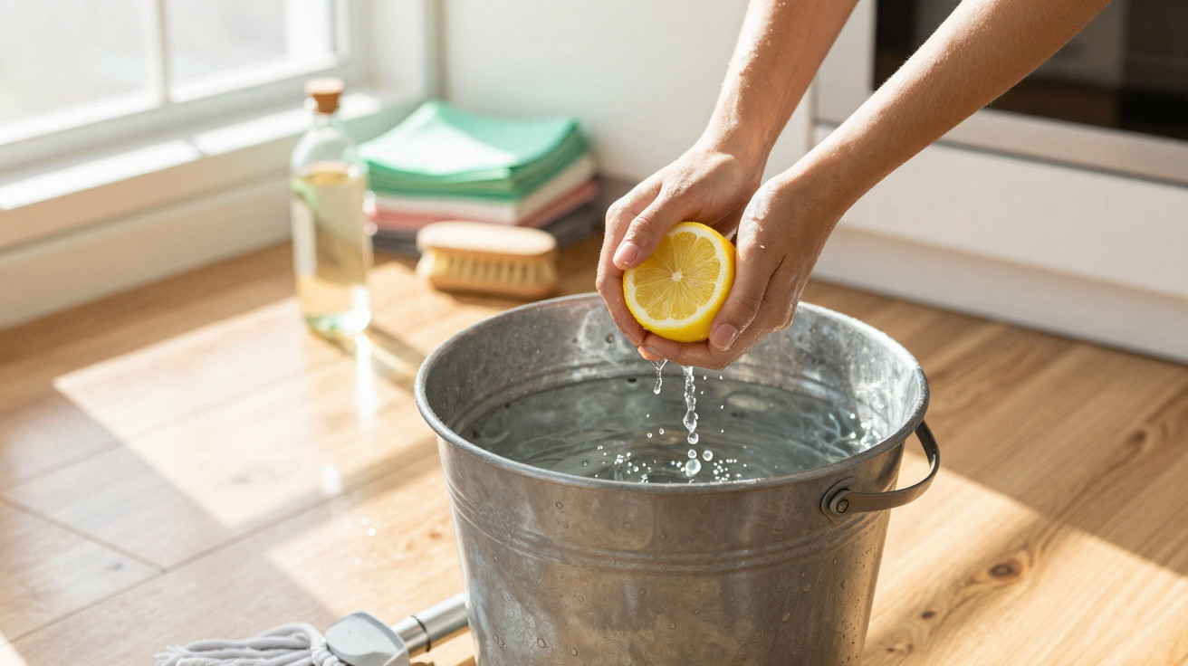 Person squeezing lemon over a metal bucket filled with water on wooden floor near cleaning supplies.