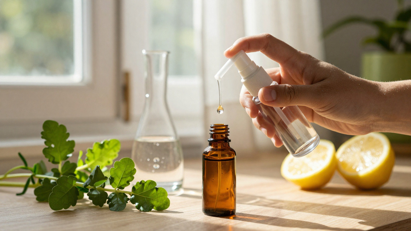 Hand dispensing liquid into amber glass dropper bottle with lemon halves, fresh leaves, and glass beaker on table.