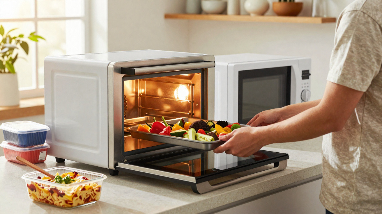 Person placing a tray of colourful vegetables into a small countertop oven in a bright kitchen.