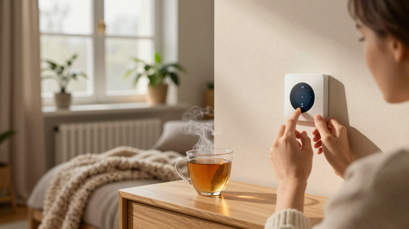 Person adjusting smart thermostat on wall with steaming cup of tea on wooden bedside table in cozy bedroom