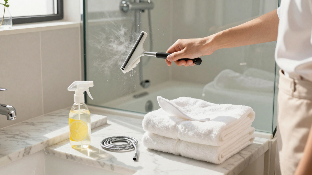 Person cleaning a steamed glass shower door with a squeegee in a bright bathroom.