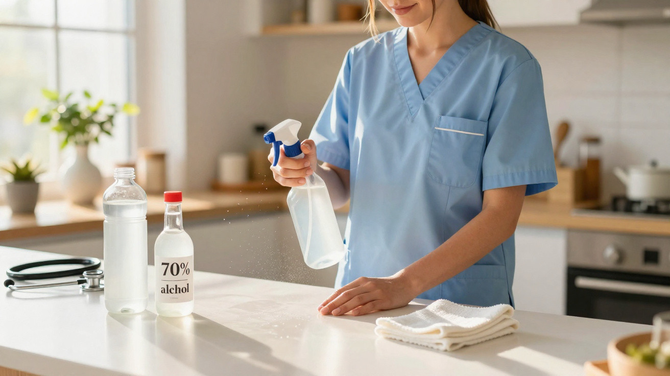 Healthcare worker in blue scrubs disinfecting a kitchen countertop with spray bottle and cloths.