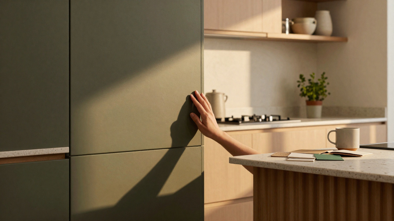 Hand resting on a modern green kitchen cabinet in a sunlit, minimalist kitchen with wooden accents and a mug on the counter.