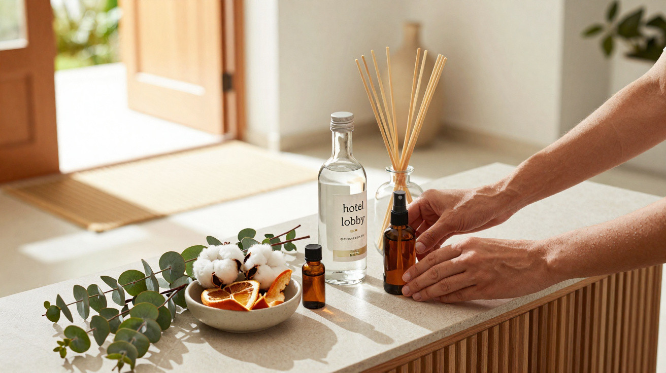Hands adjusting aromatic reed diffuser on a table with eucalyptus, dried fruit, and essential oils near an open door.