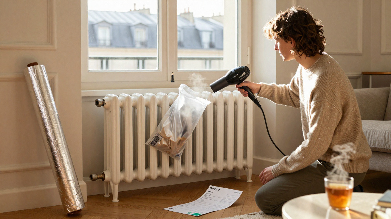 Person using a hairdryer to heat a vacuum-sealed bag hanging from a radiator in a living room.