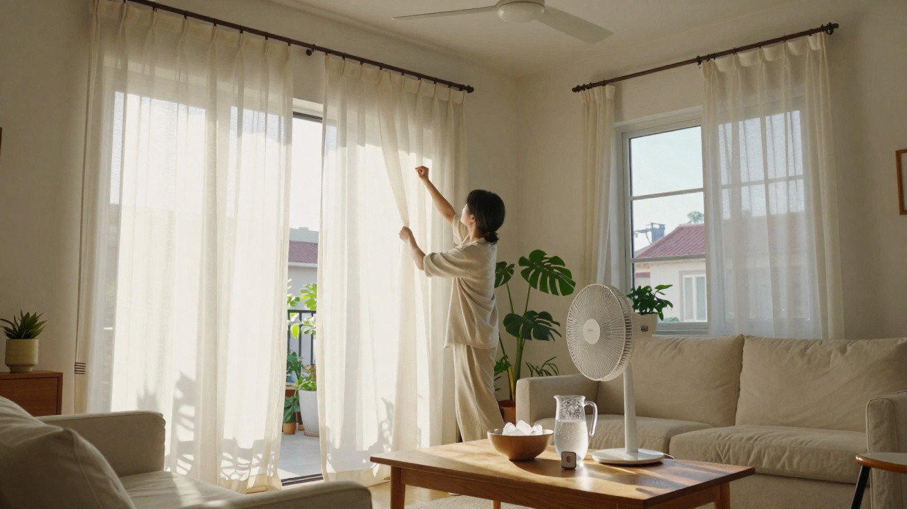Person opening sheer curtains in a bright, cosy living room with beige sofa and wooden coffee table.