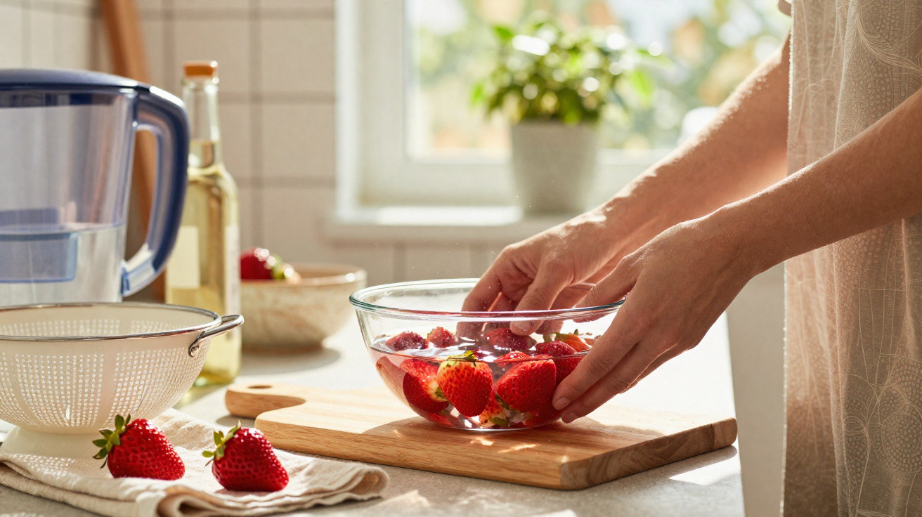 Hands washing strawberries in a glass bowl on a wooden board in a bright kitchen setting.