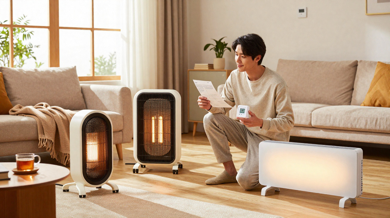 Man adjusting settings on different electric heaters in a cosy living room with natural light.