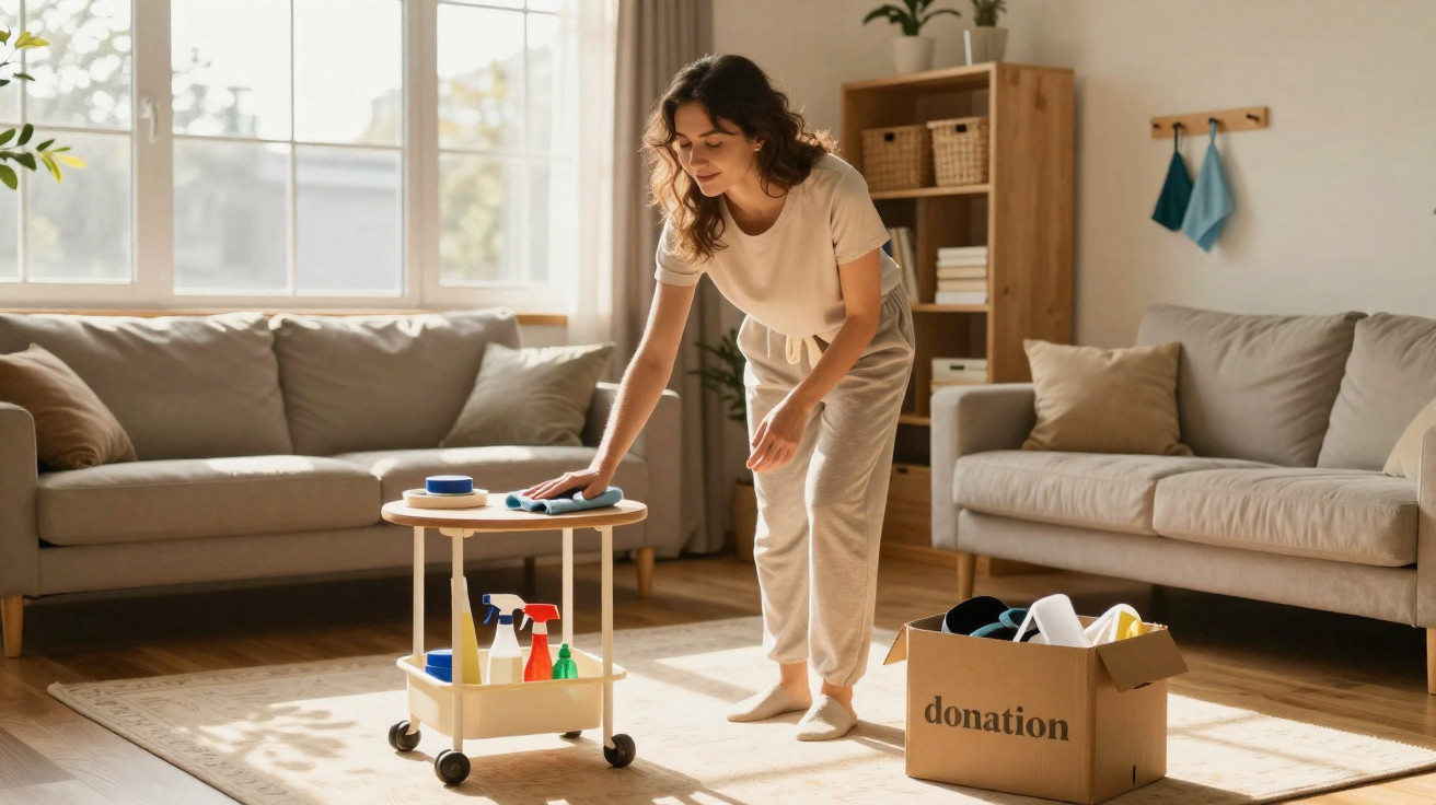 Woman cleaning a living room with two sofas, a cleaning cart, and a donation box on a rug.