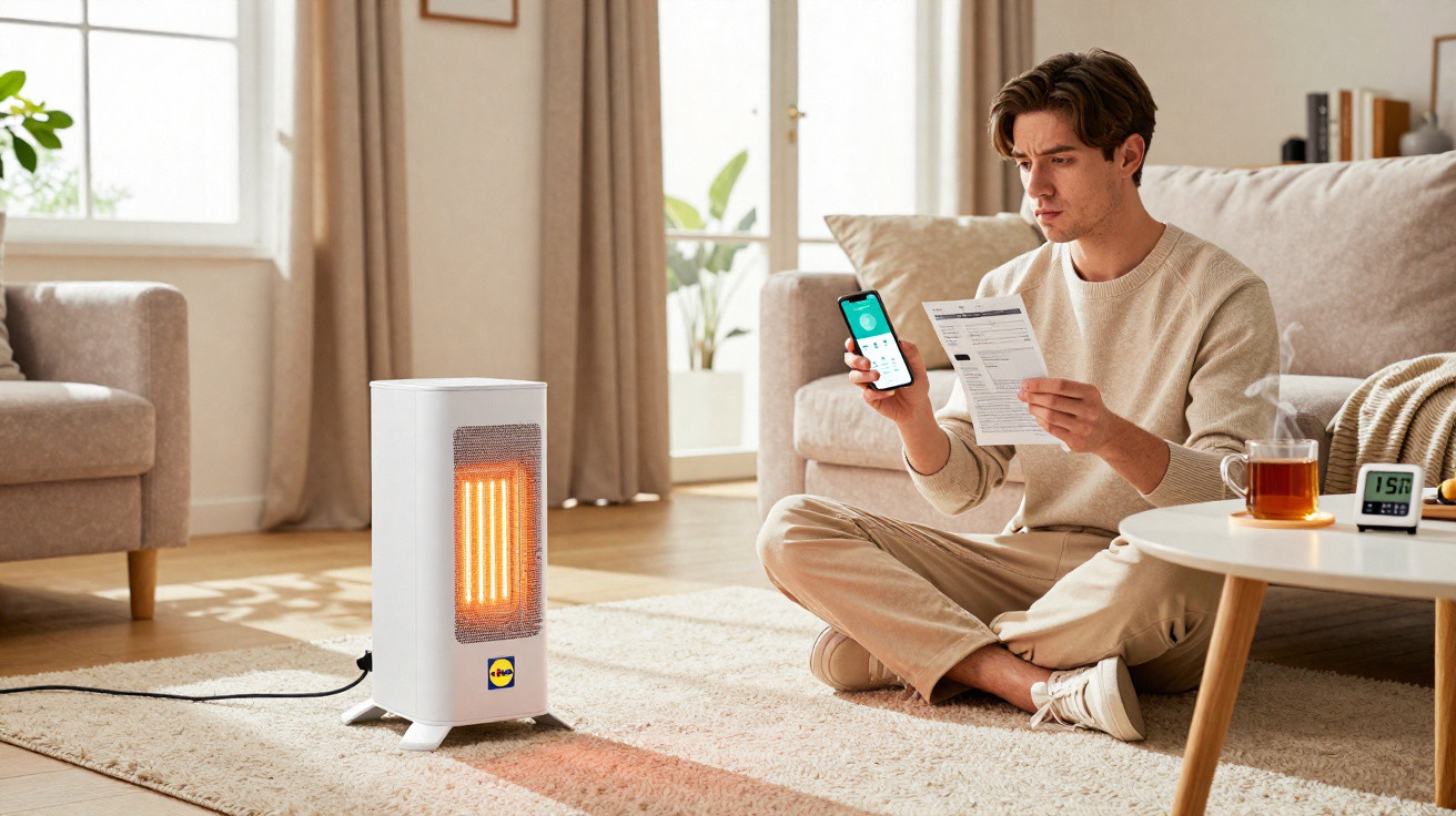 Young man sitting on floor adjusting settings on electric heater using smartphone in bright living room.