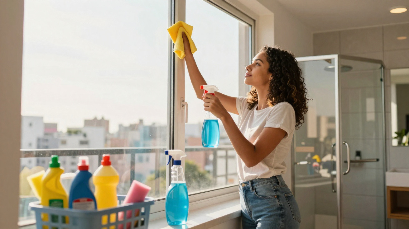 Woman cleaning a large window with spray bottle and cloth in a bright modern bathroom.
