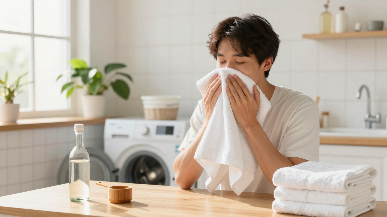 Man drying his face with a towel at a wooden table next to neatly folded white towels in a bright laundry room.
