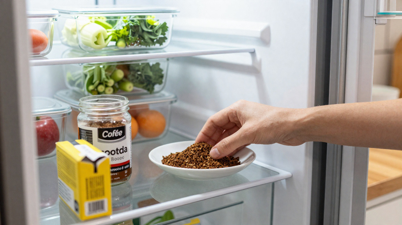Hand placing a white plate with coffee granules inside a refrigerator with vegetables and jars.