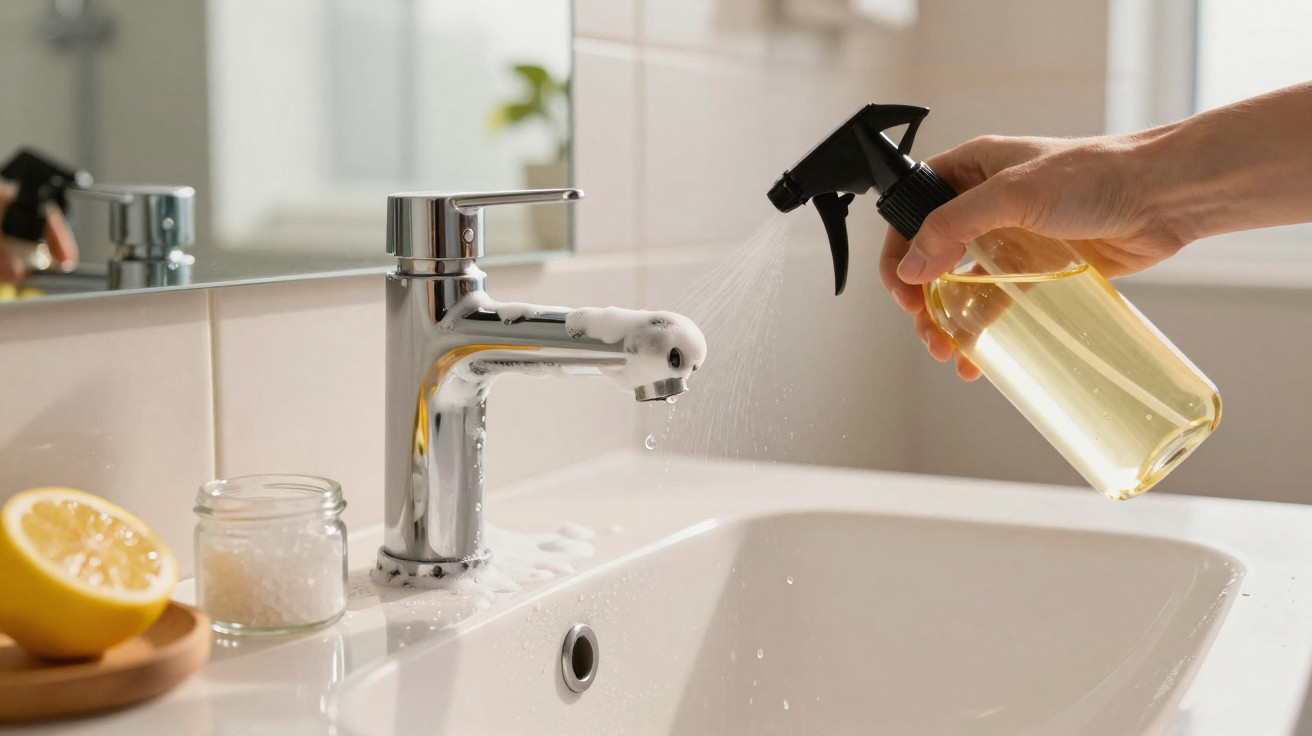 Hand spraying a clear liquid cleaner onto a modern chrome bathroom tap with lemon and jar nearby.