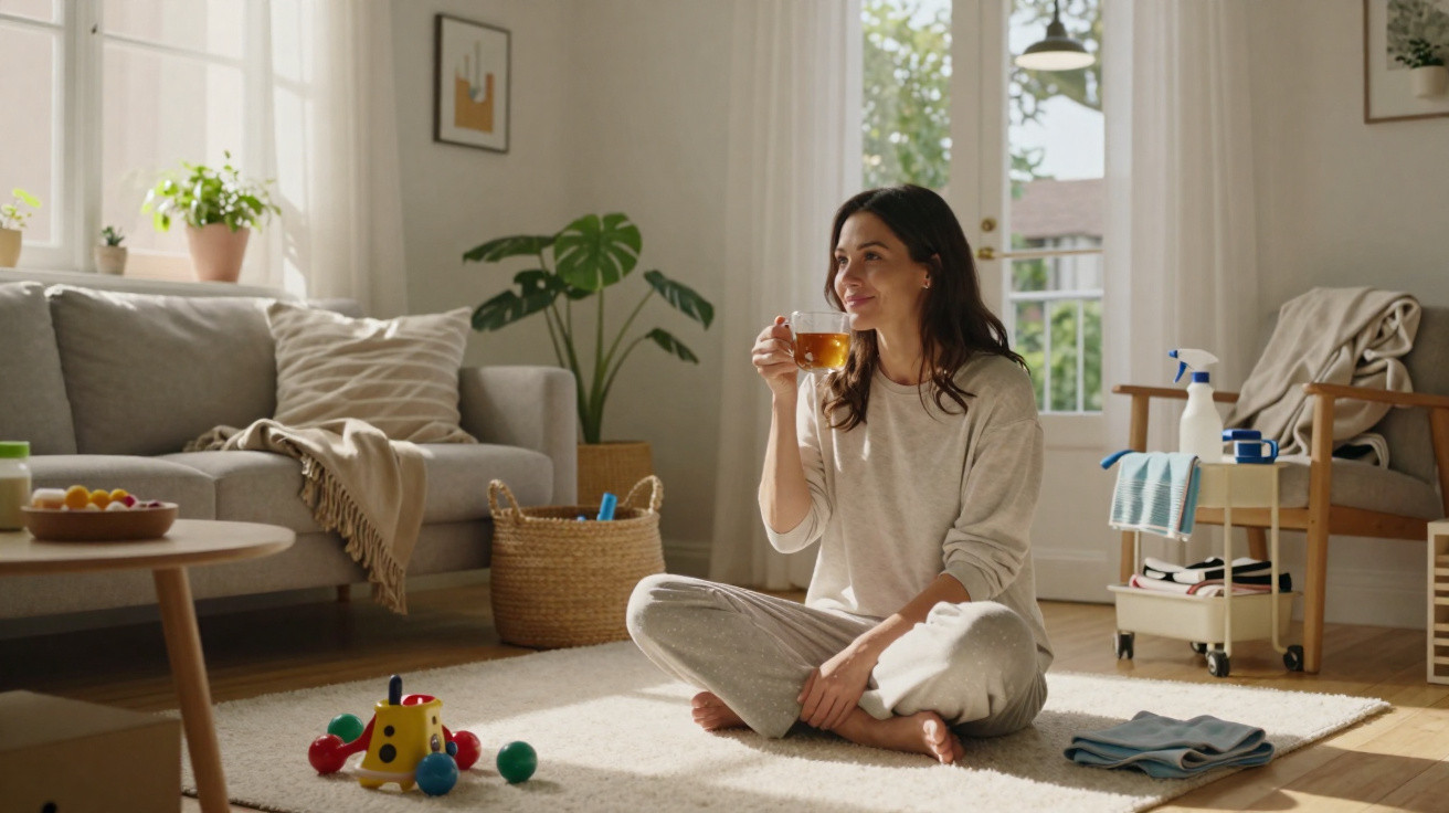 Woman sitting cross-legged on carpet drinking tea in a bright, tidy living room with plants and toys nearby.