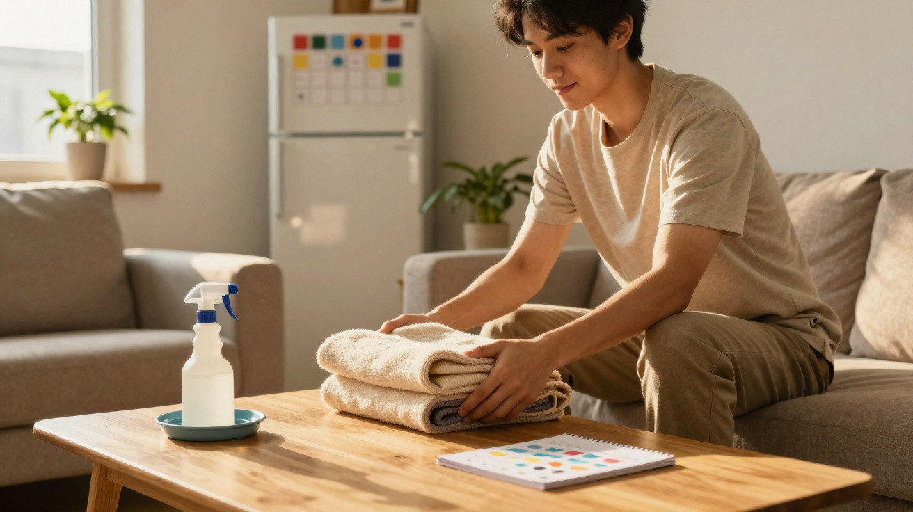 Person folding towels on a wooden coffee table in a cosy, sunlit living room.